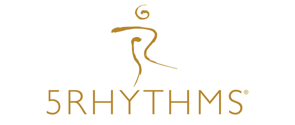 5 Rhythmen-Logo mit abstrakter Tanzenden welche die Zeichen 5R integriert haben und einem 5Ryhthms Text darunter