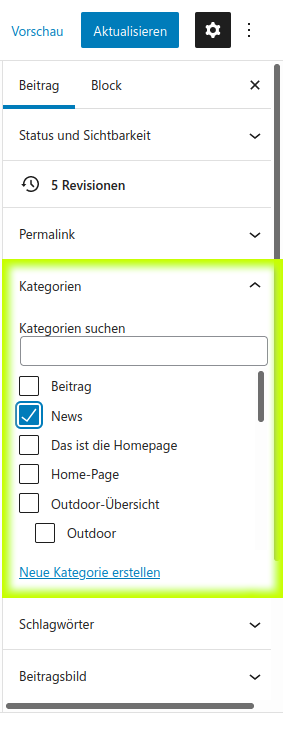 Kategorien in den Einstellungen